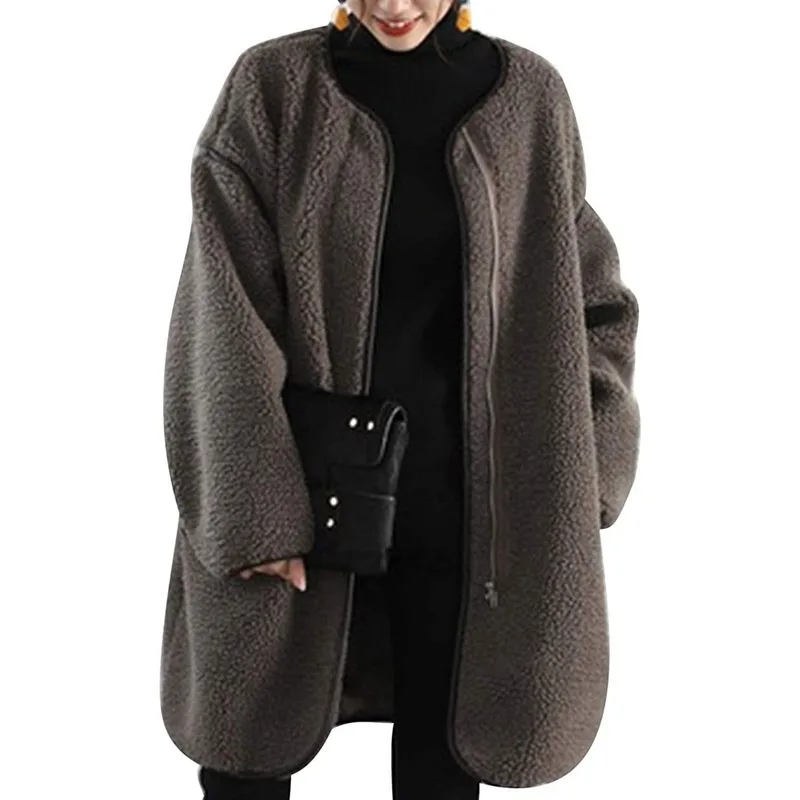 Spring Plush Fleece Jacket Women 2024 New Casual Long Jackets Mujer Coat Fashion Loose Oversize Casual Outwear Overcoat Brown
