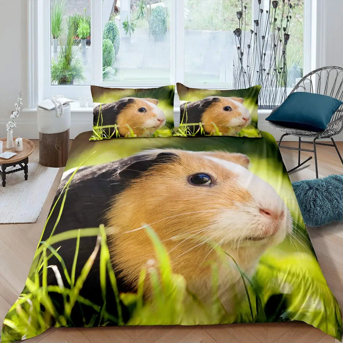 Guinea Pig Duvet Cover King/Queen Size for Kids Teens Boys Girls,Cute Cartoon Hamster Rodents Bedding Set for Dorm Bedroom,White