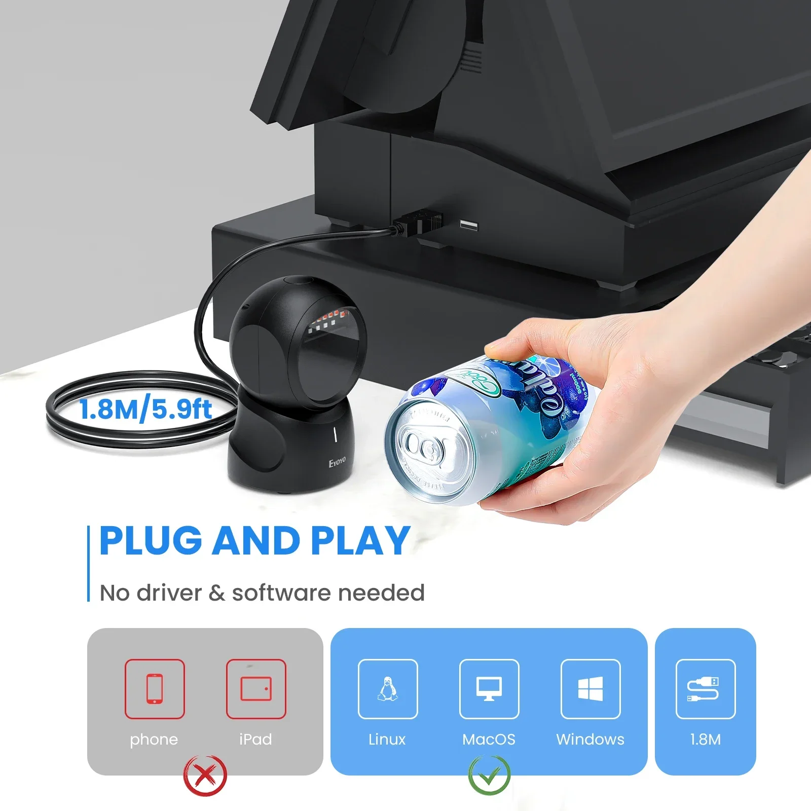 Eyoyo 2D Barcode Scanner QR Code Scanner Automatic Sensing Scanning Omnidirectional Hands-Free Barcode Reader QR Screen barcode scanner