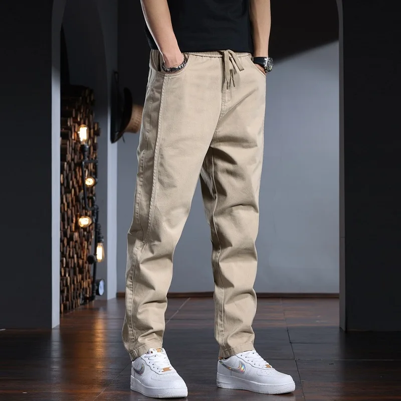 Khaki Cotton Baggy Men's Pants Casual Straight Elastic Waist Drawstring Trousers CP2218