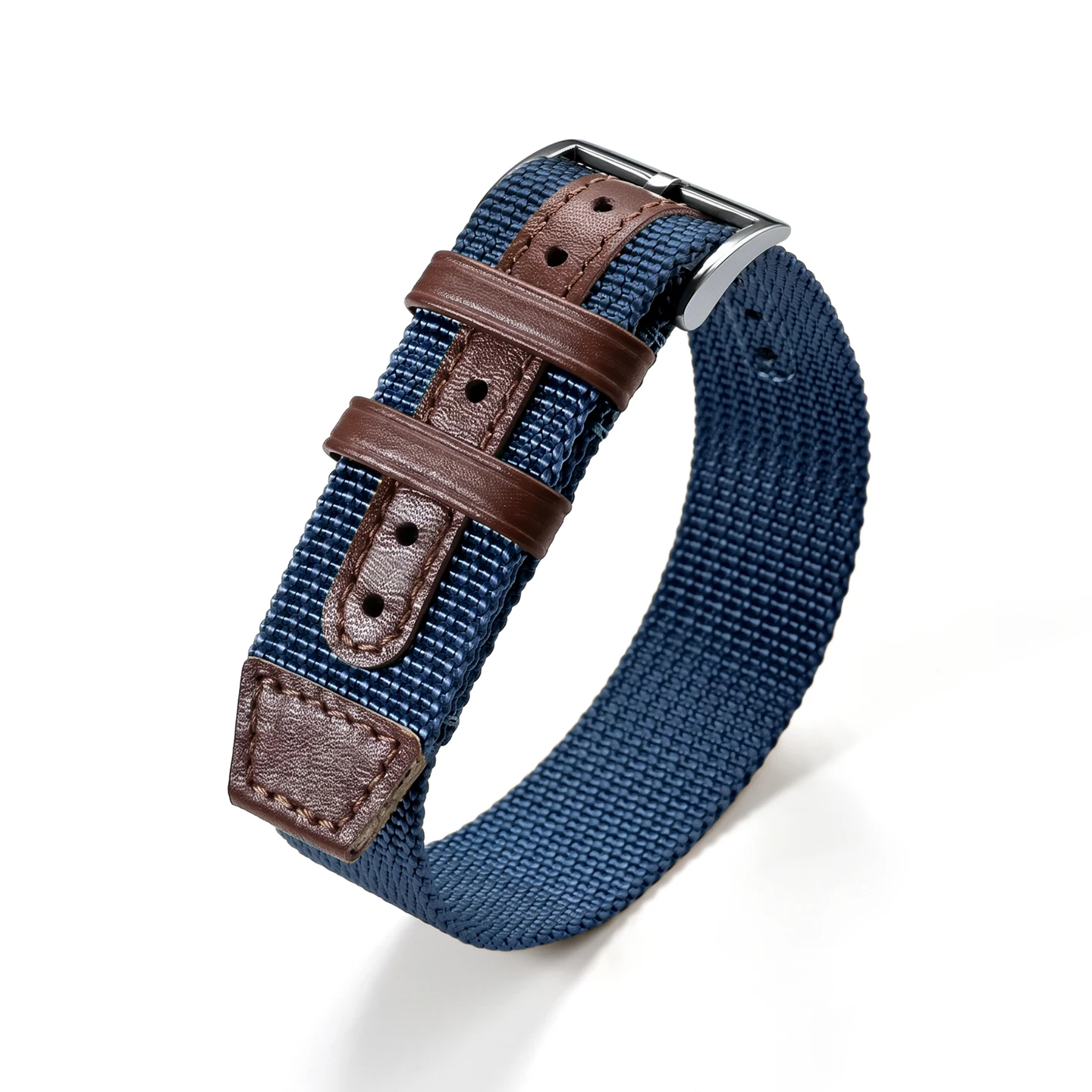 Black Khaki Army Genuine Leather and Nylon Weave Canvas Sport Watch Band Bracelet with Pin Buckle, 20mm or 22mm Strap Size