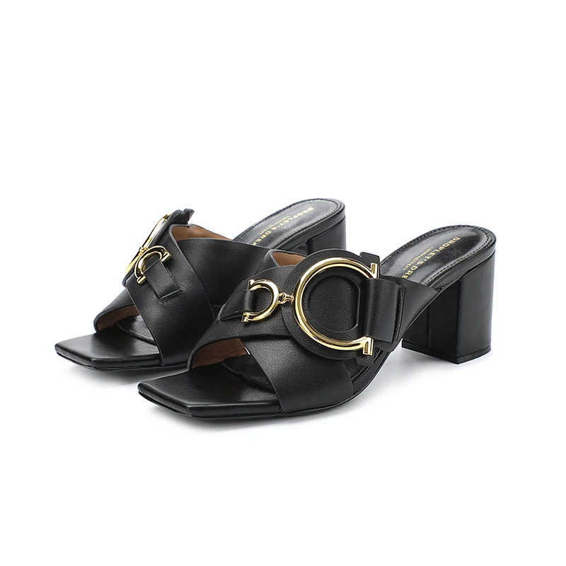 Women's Slippers 2023 High Heel Casual Shoes Women's Open Toe Summer Genuine Leather Square Head Thick Heels Women's Shoes 35-44