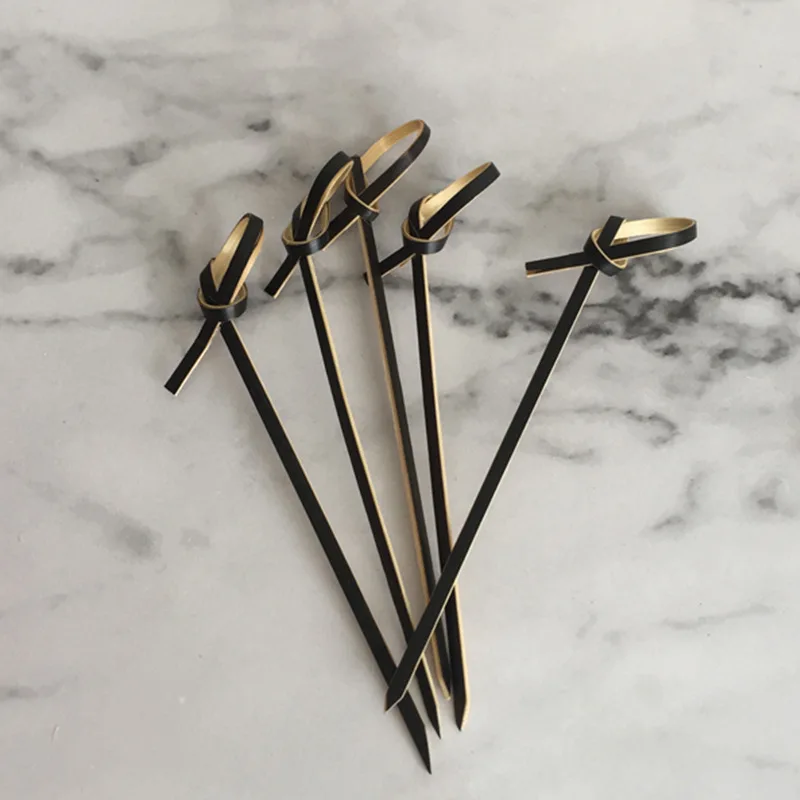 Description Picture 3 of item100Pcs Disposable Bamboo Tie Knotted Skewers Twisted Ends Cocktail Food Fruit Picks Fork Sticks Buffet Cupcake Topper