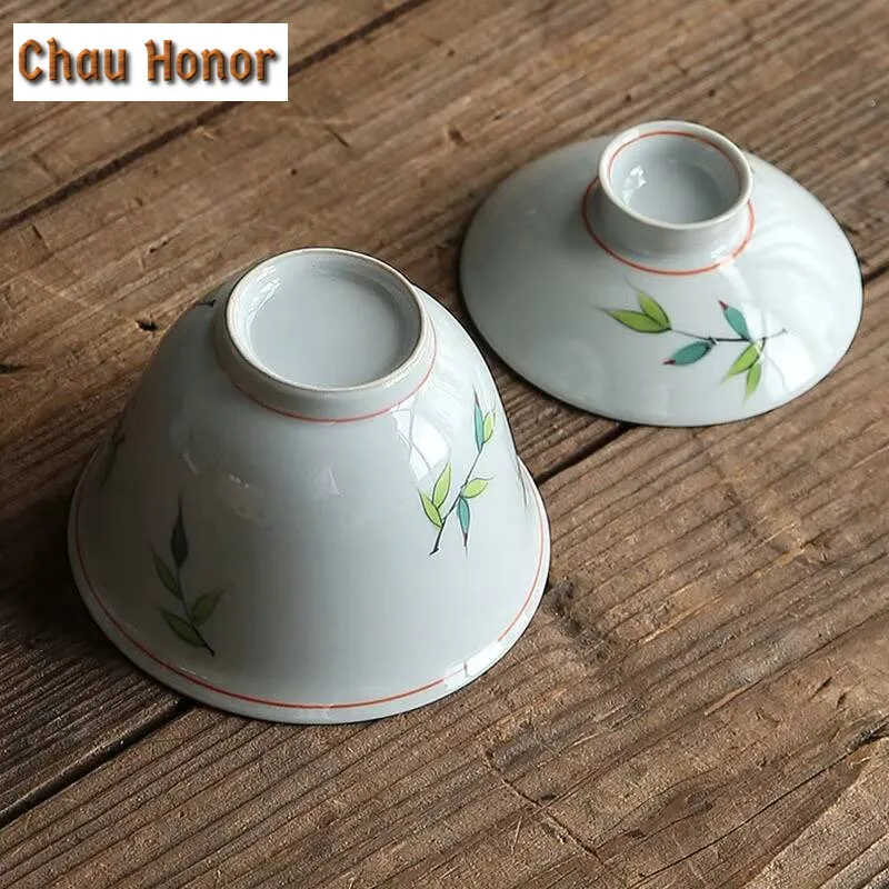 150ml Japanese Underglaze Color Hand-painted Bamboo Painting Tea Bowl Ceramic Cover Bowl Kungfu Teaset Customized Gift Tea Maker