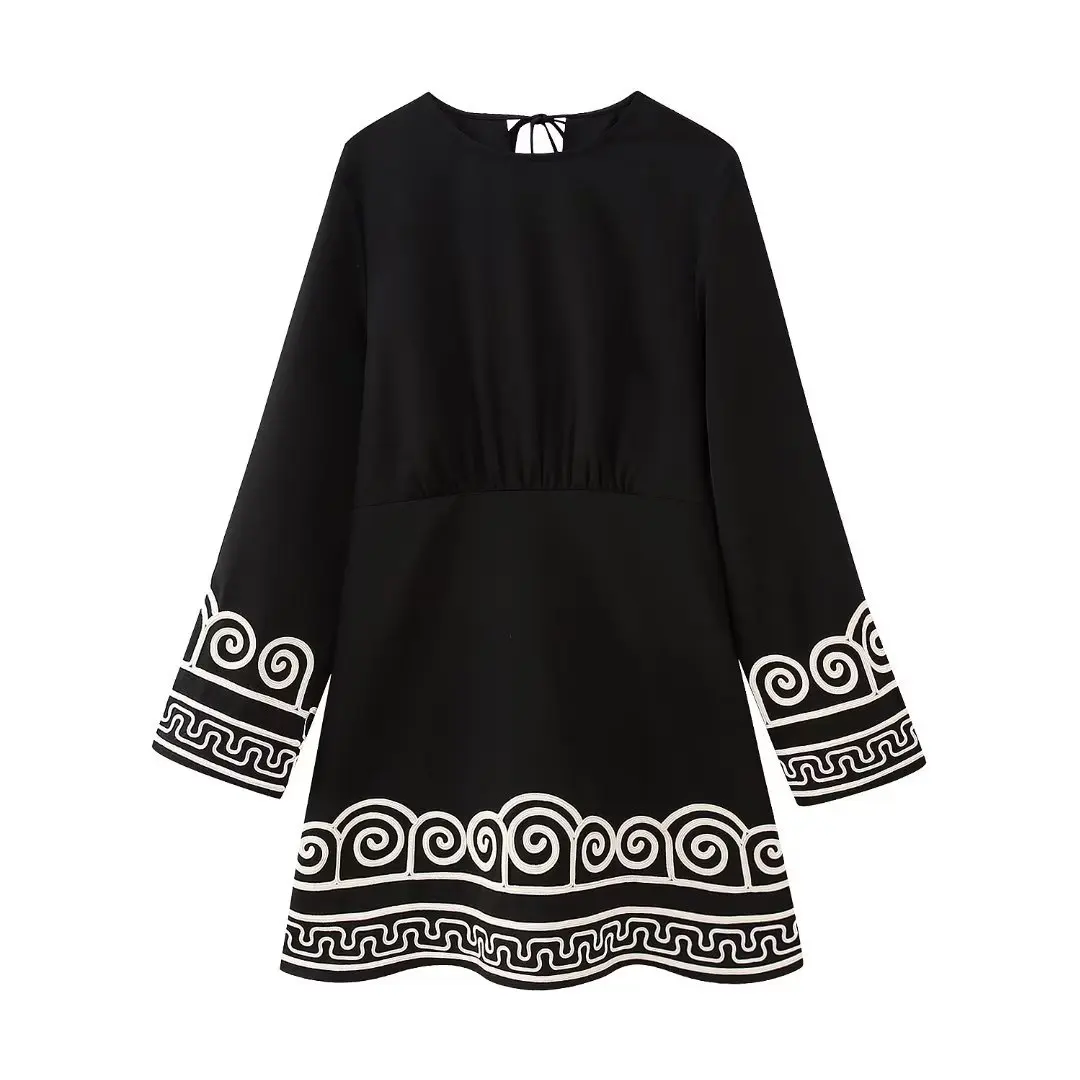 

Embroidery Printted Mini Dress for Women Long Sleeve O Neck Folds Dresses 2023 Casual Loose Lace Up Streetwear Black Vestidos