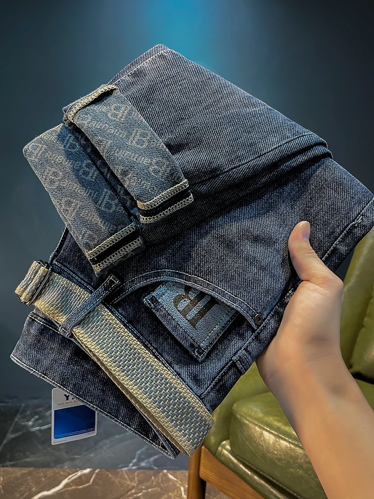 Men Jeans Embroidery Geometric Zipper Fly Slim Mid Softener Denim Pencil Pants Lightweight Full Lengt High Street Red Ear Tannin