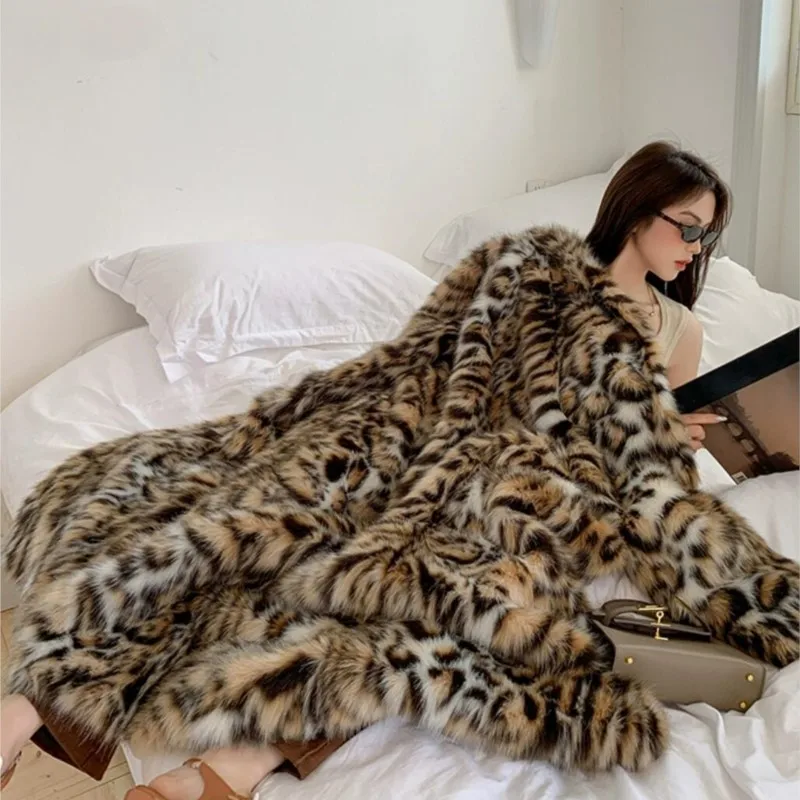 2023 Winter Animal Leopard Faux Fur Extra Long Coat Full Sleeve Bow Sashes Loose Warm Shaggy Jacket Loose Outerwear