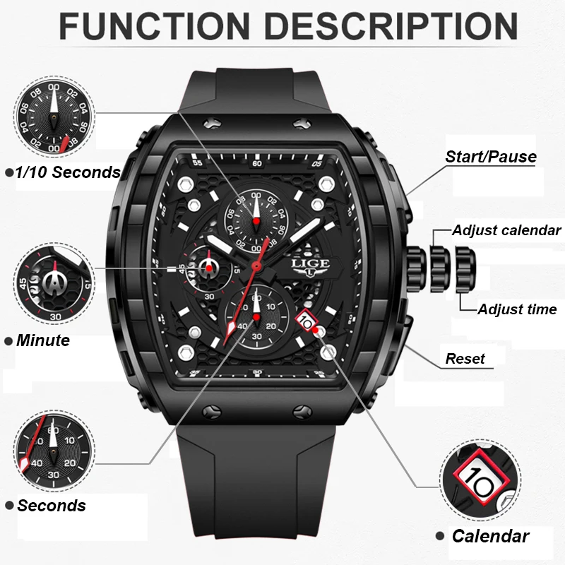 LIGE Creative Black Silicone Watch For Men Military Sports Waterproof Luminous Men's Quartz Wristwatches Square Chronograph Male