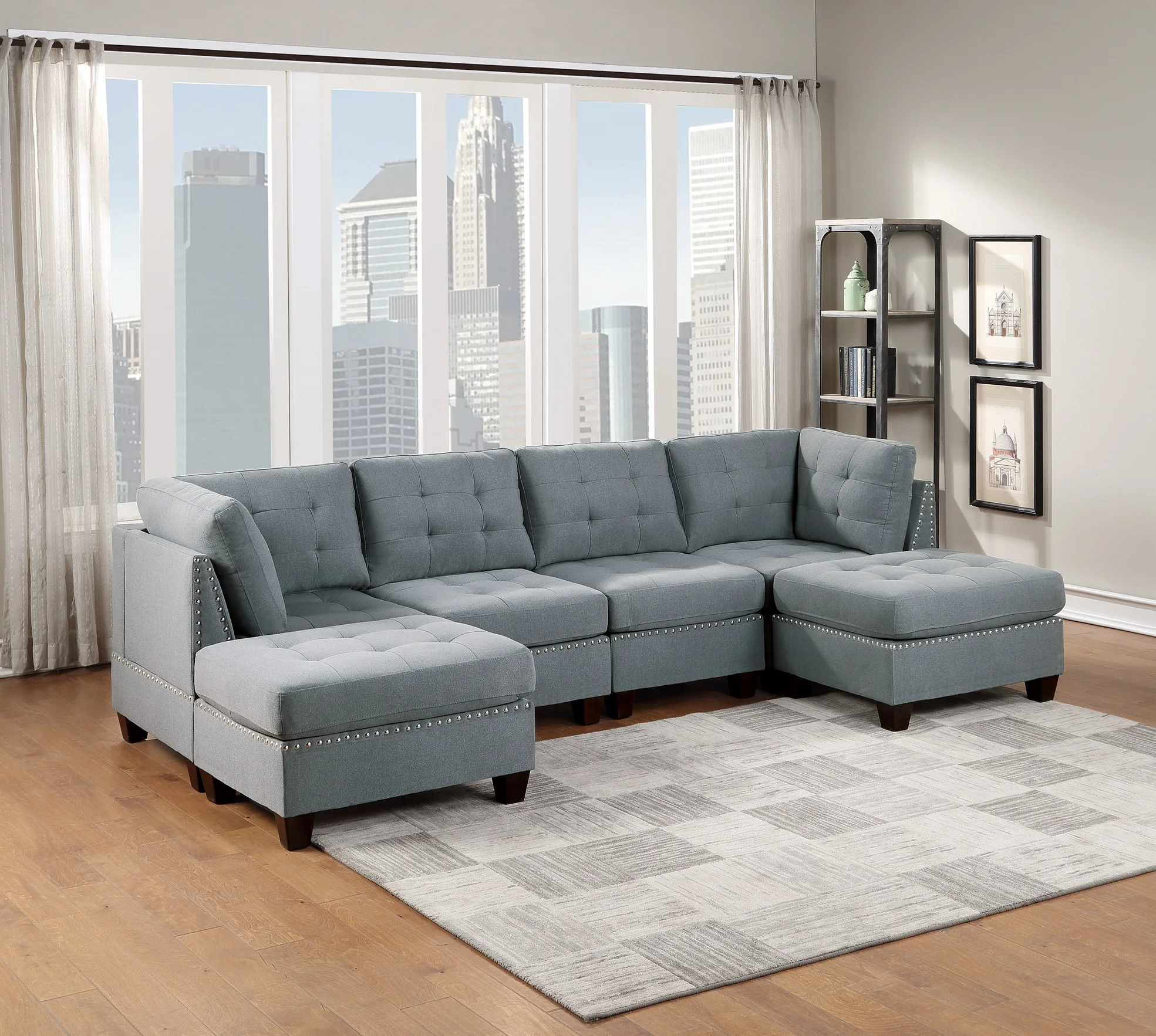 

Modular Sectional 6pc Set Living Room Furniture U-Sectional Tufted Nail heads Couch Gray Linen Like Fabric 2x Corner Wedge 2x Ar