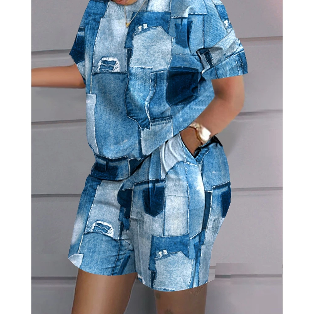 Women Queen Letter Print Top & Colorblock Shorts Set Female O-Neck Short Sleeve 2 Piece Casual Summer 2023 Outfits Clothing