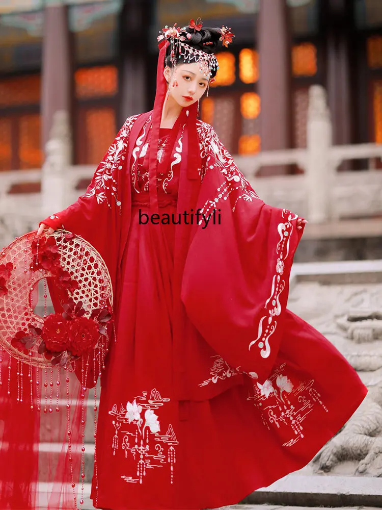 

zq Chinese Clothing Chinese Style Wedding Placket Waist-High Ruqun Red Wedding Clothes Wedding Dress Suit Autumn and Winter