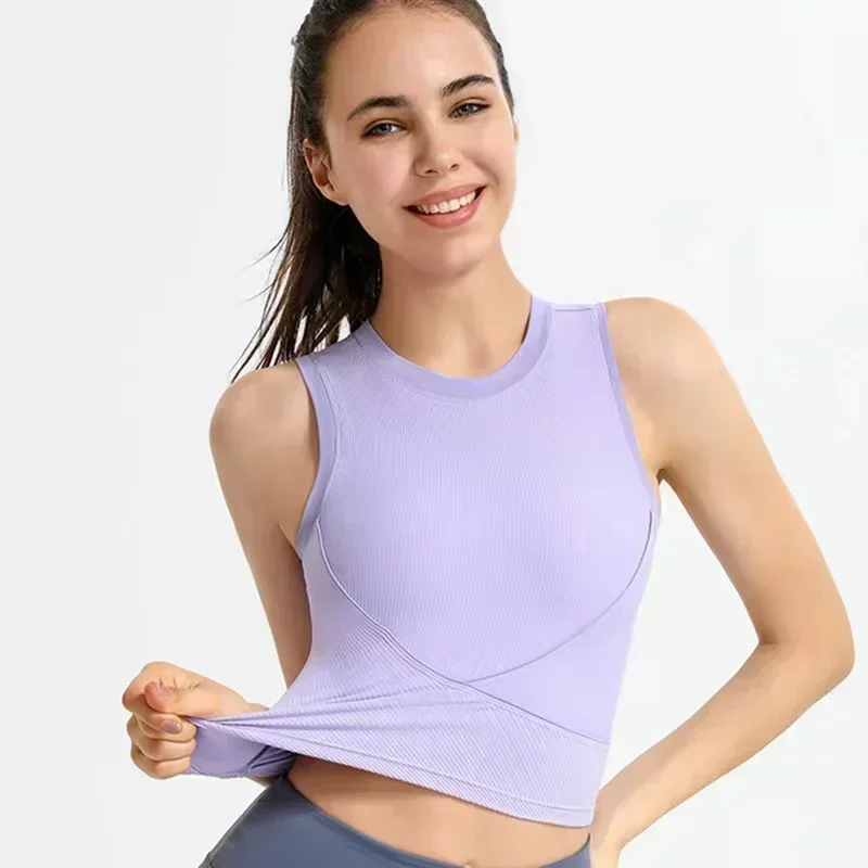 Lemon Women Built-in Chest Pad Yoga Vest  Stretchy Running Sports Bra Shockproof Sleeveless Fitness Tops Solid Color Tank Top