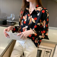 

2022 Female Clothing Vintage Print Prom Shirts Autumn Women's Blouse Elegant Fashion Slim Party Shirt New Original Design Tops
