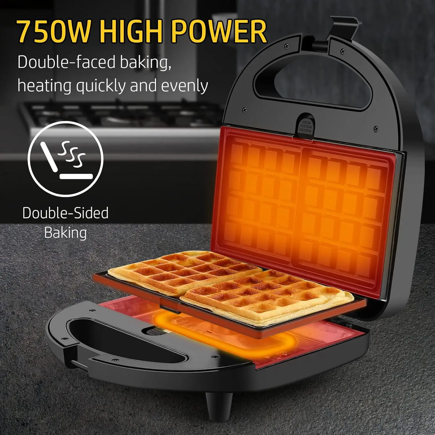3 in1 Sandwich Maker Panini Press Waffle Iron Set with 3 Removable Non-Stick Plates 750 W Toaster Perfect for Sandwiches Grilled 3