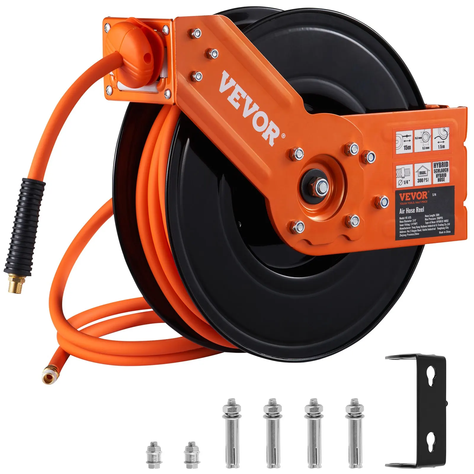 Hose Reel VEVOR Retractable Air Hose Reel 50 FT Hybrid Air Compressor 5 In Wall Mount Heavy Duty Double Arm Stainless Steel