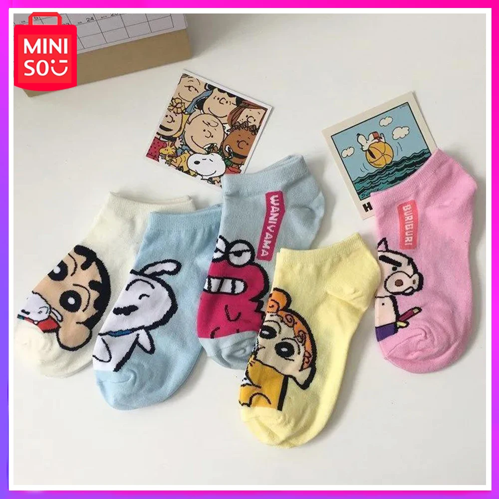 

2024 Miniso Crayon Shin Chan Cute Student Preppy Summer Shallow Mouth Boat Socks Women Socks Kawaii New Year Birthday Girl Gift