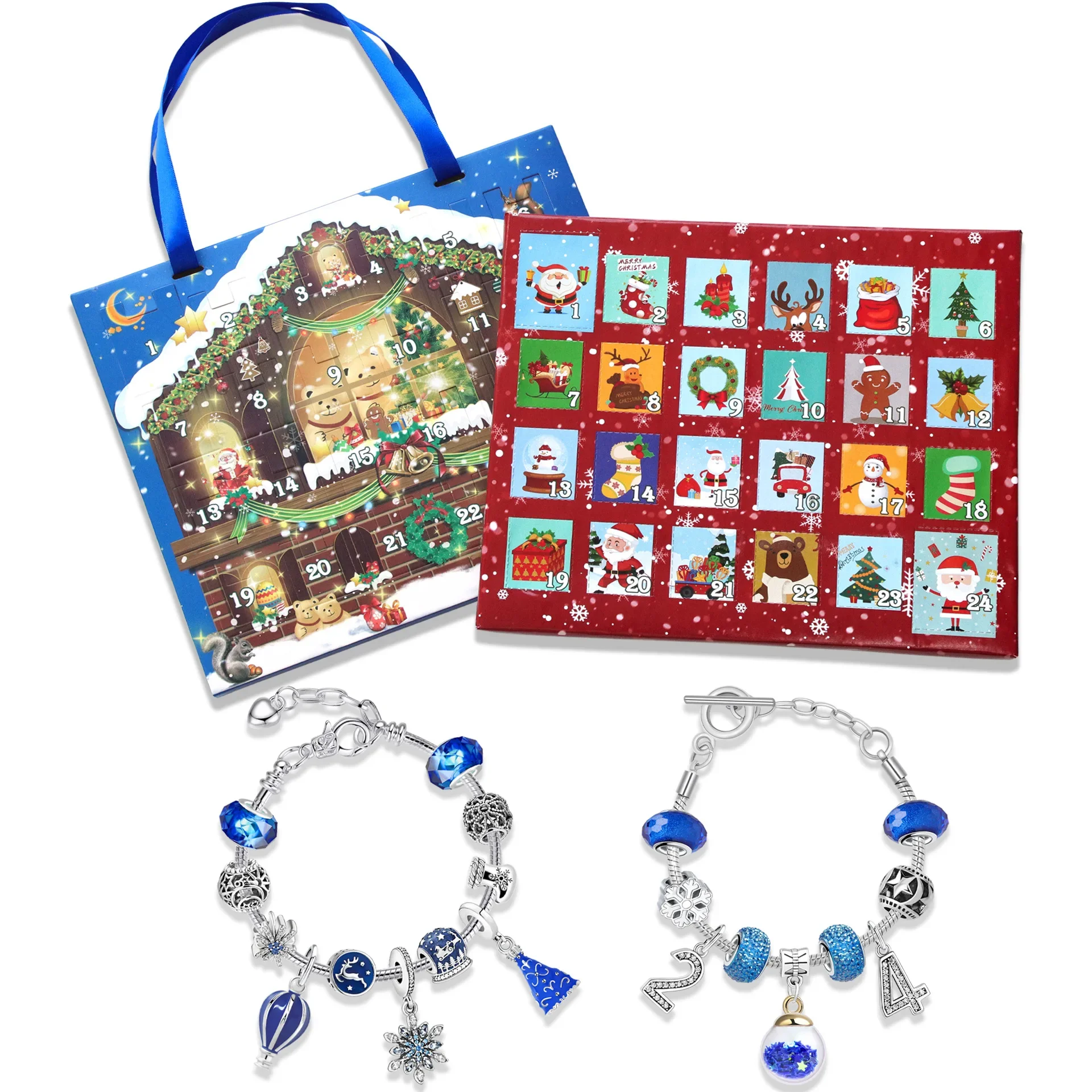 24 Days DIY Advent Calendar Jewelry Gift Box Blue Jewelry Bracelets Set for Girls Kids Countdown Christmas Advent Calendar