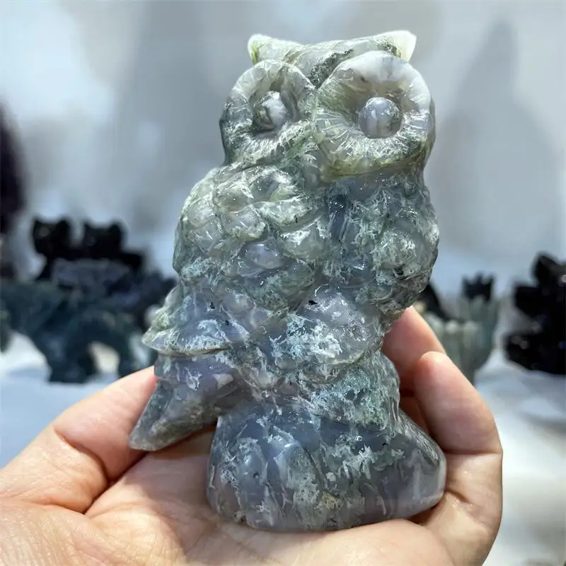 

Natural Moss Agate Owl Crystal Animal Carving Healing Energy Lucky Stone Fashion Home Decoration Healthy Birthday Gift 1pcs