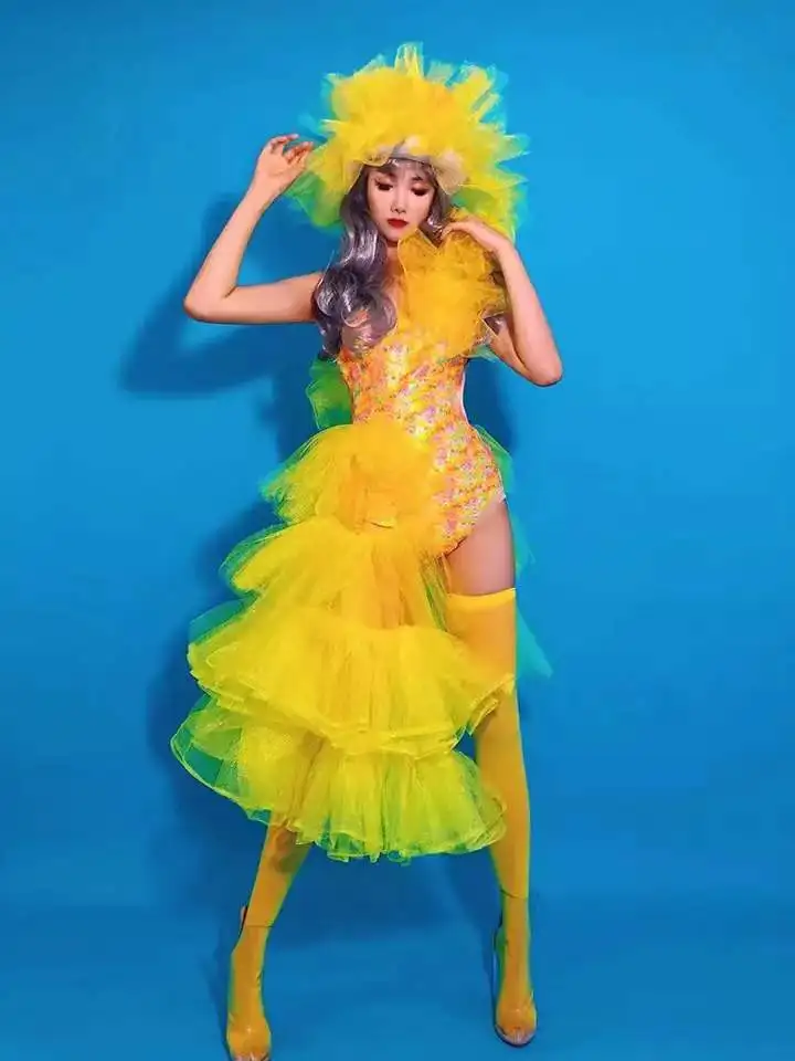 

Yellow Mesh Irregular Bodysuit Dress Ballroom Catwalk Performance Costume For Singer Dancer Sexy Club Party Stage Wear