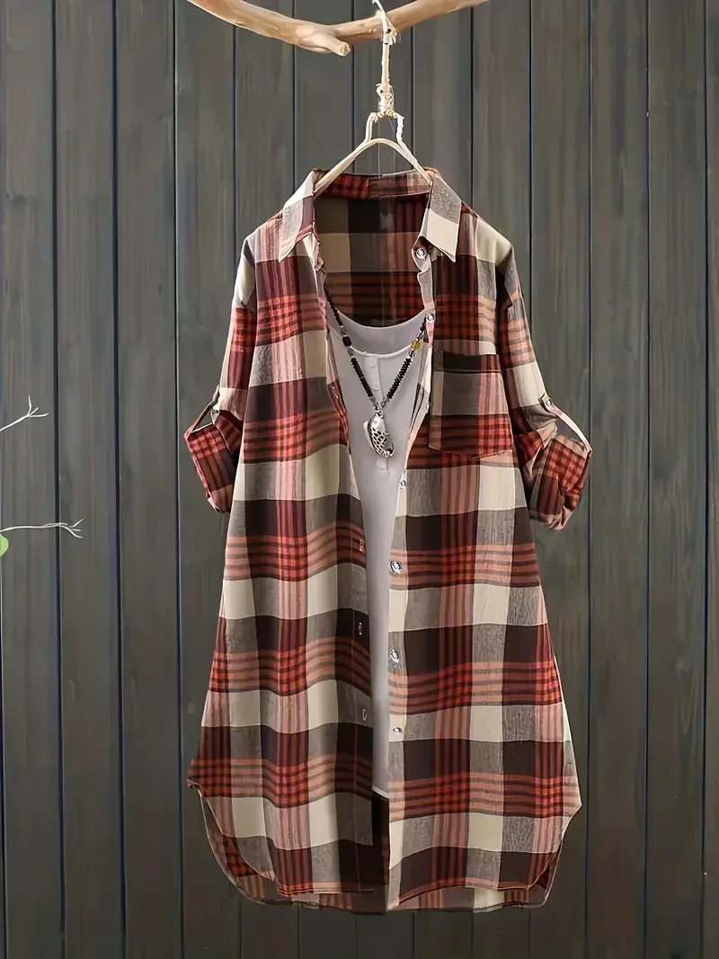Women’s Spring/summer Plus Size 1XL-5XL Fashion Lapel Plaid Print Ladies Casual Long Sleeved Button Commuting Fashion Shirt Best Sellers In Plus Sized Clothing