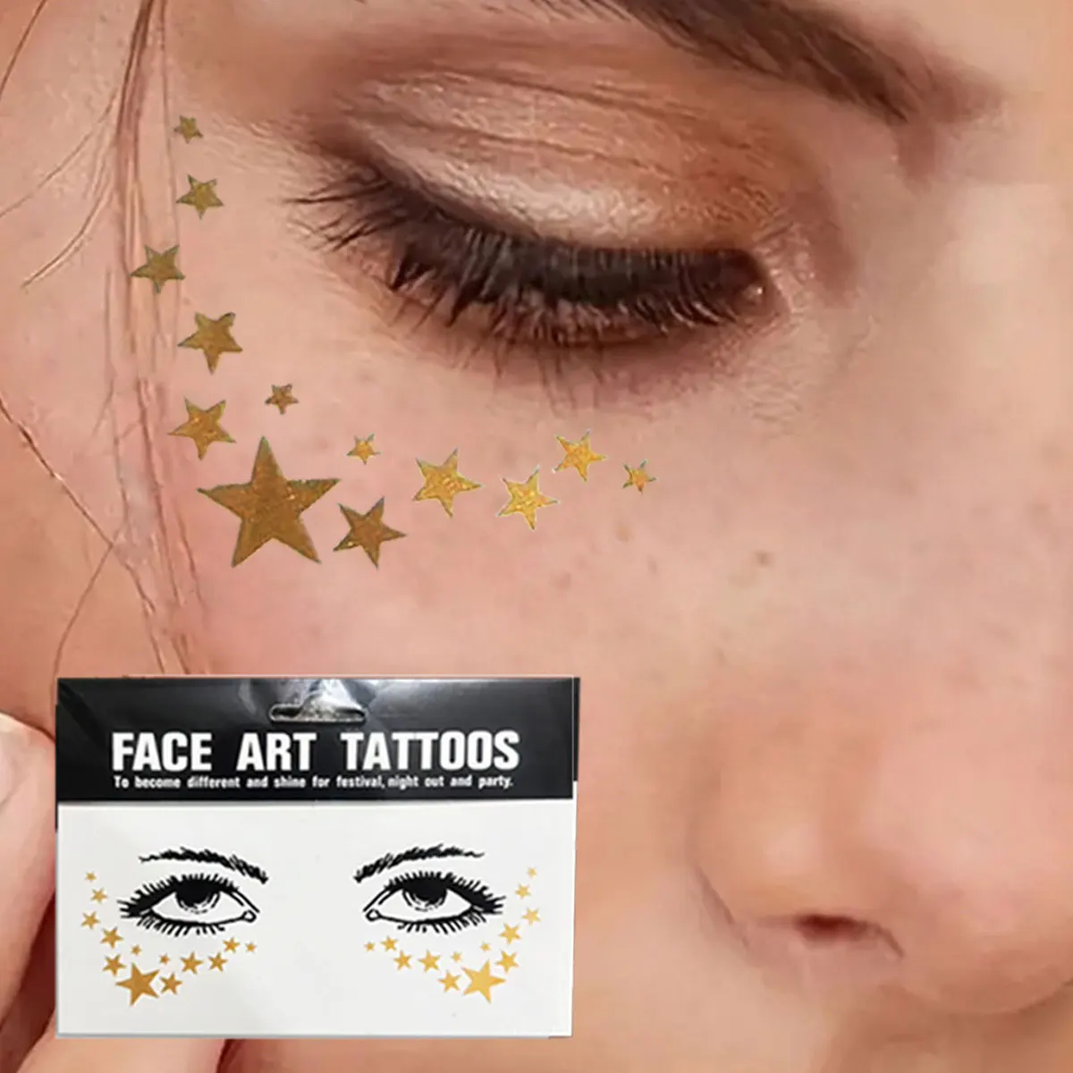 Gold Glitter Tattoo Stickers for Face Makeup Metallic Moon Stars Waterproof Temporary Freckle Tattoos for Women Eyebrow Party 2
