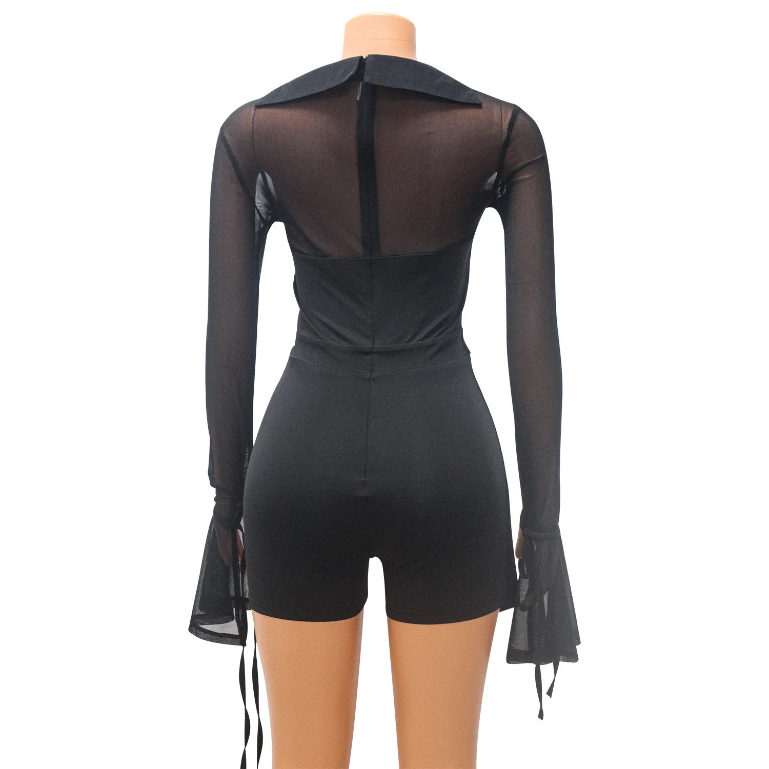 BKLD Summer Clothes New Romper For Women Solid Color Sexy Mesh Perspective Flare Sleeve Jumpsuit Shorts Night Club Outfit