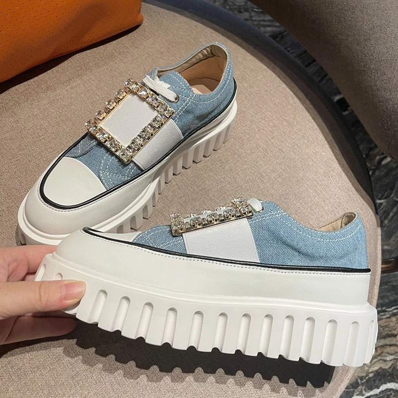 

Spring Autumn New Lace up Casual Shoes Flash Diamond Decoration Splicing Design Round Head Height Increasing Women's Shoes