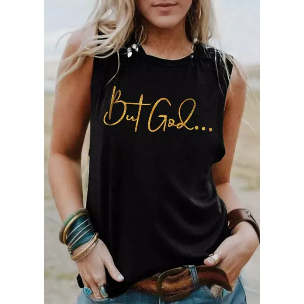 

Rheaclots Women's But God Printed Casual O-Neck Tank Top