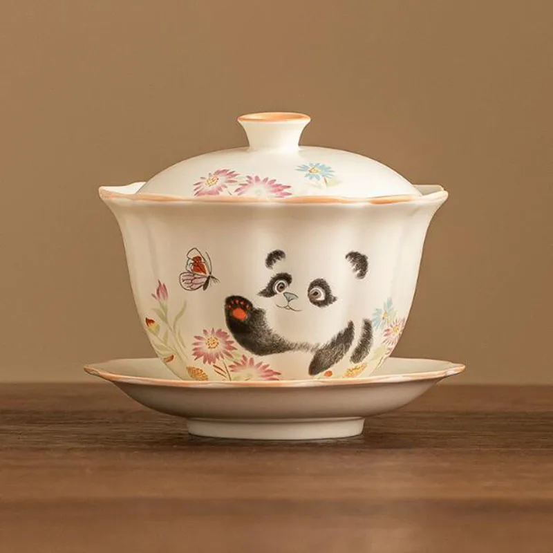 Beige Porcelain Panda Pattern Sancai Gaiwan Kungfu Tea Cup Tea Tureen infuser Bowl Kitchen Drinkware