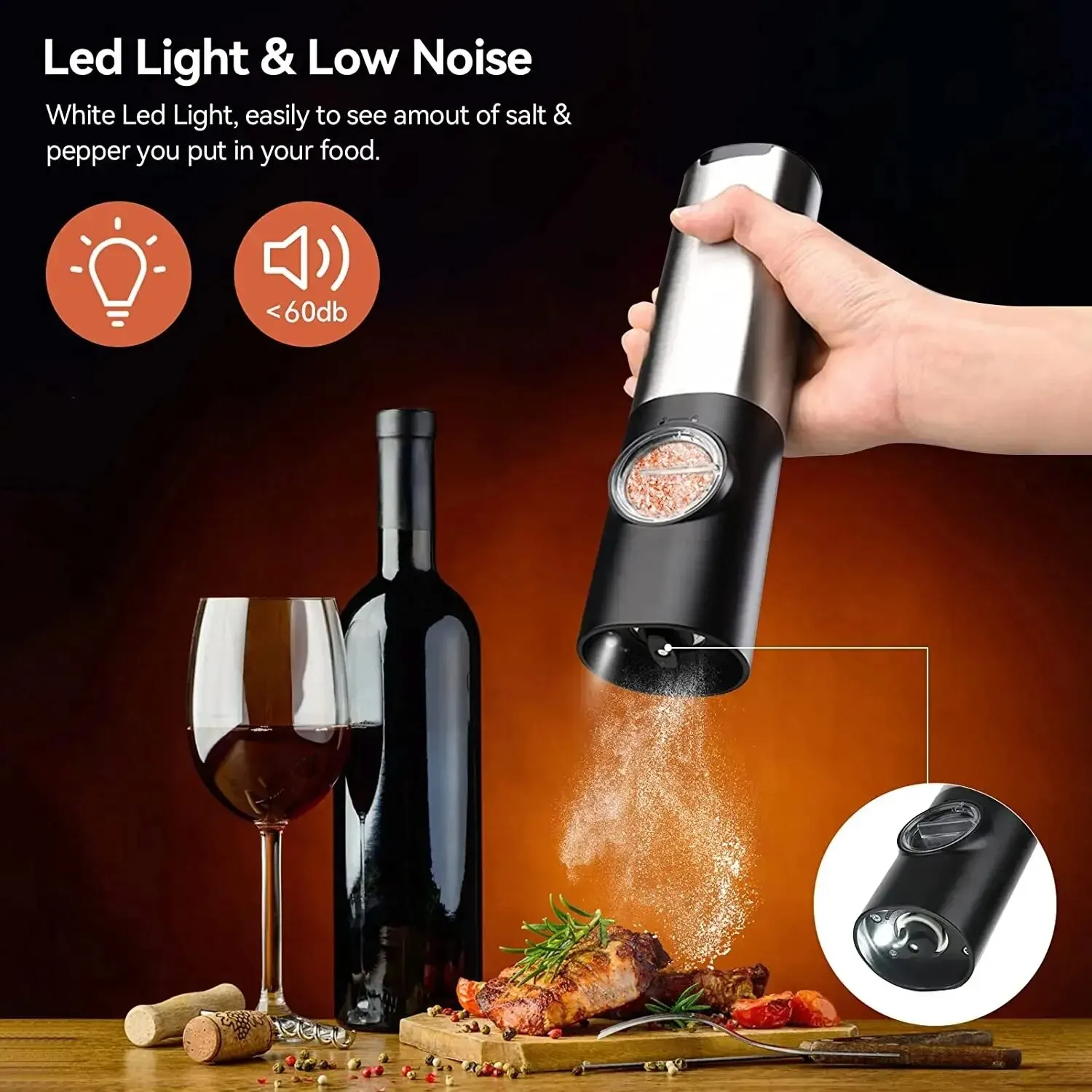 Electric Salt and Pepper Grinder Set with Charging Base LED Light Automatic Pepper Mill One Hand Operation Kitchen Appliances