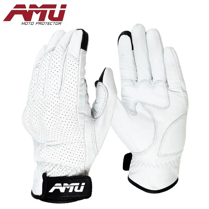 AMU Motorcycle Vintage Leather Men Women Protective Cycling Gloves Touchscreen Perforate Motorcross ATV Guantes Moto