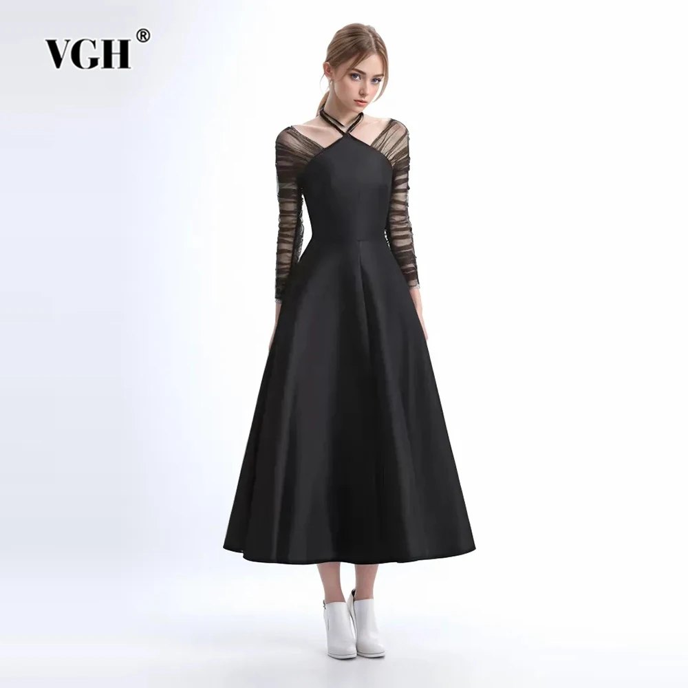 vgh-solid-patchwork-mesh-elegant-dresses-for-women-halter-long-sleeve-high-waist-temperament-tunic-dress-female-fashion-style