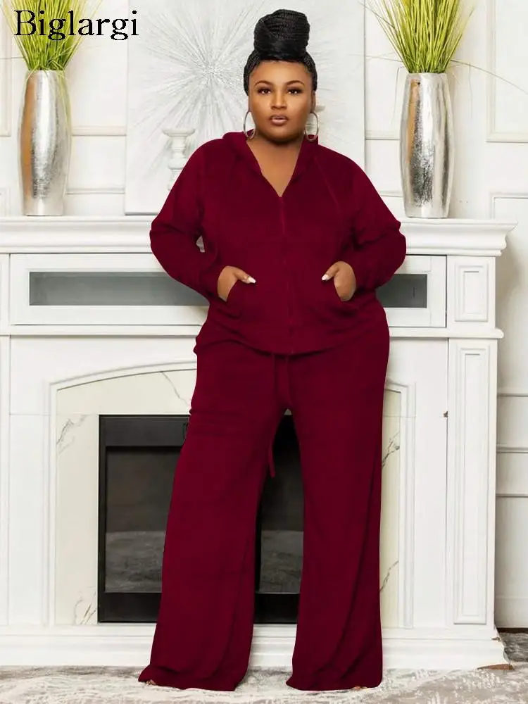 

Plus Size Autumn Winter 2 Two Piece Set Women Hoodies Casual Ladies Sweatshirts Coats High Waist Modis Wide Leg Woman Pant 2023