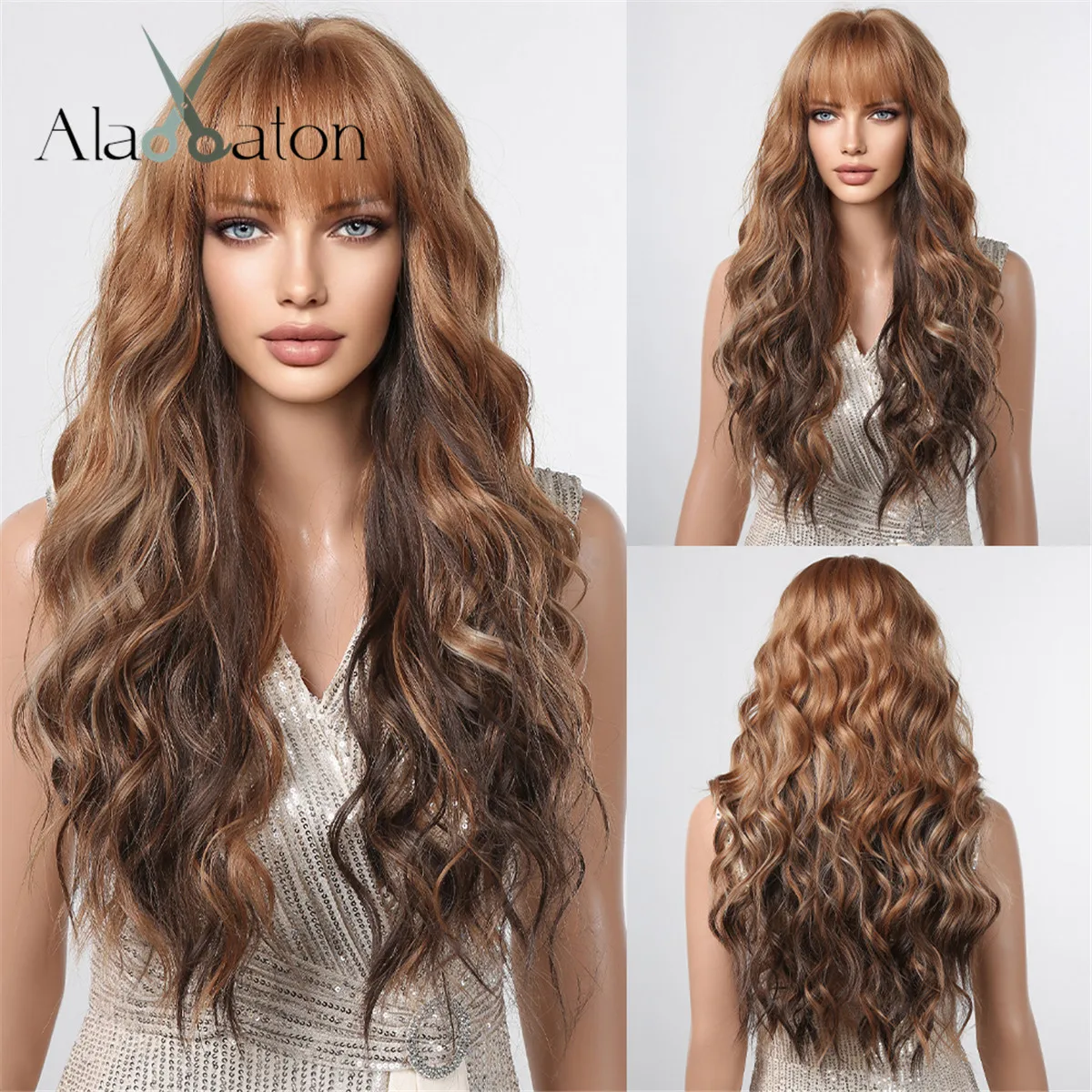 ALAN EATON Ombre Brown Long Wave Wig Synthetic Heat Resistant Wig With Bangs for Women Natural Looking Daily Costume Fake Hair