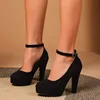 Large Size 42 Sexy Super High Heels Shoes for Women Ankle Buckle Chunky Platform Pumps Woman Black Flock Square Heel Party Shoes 1