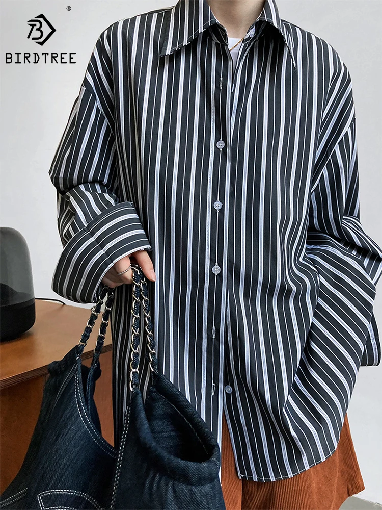 

2023 Autumn New Cotton Shirt Contrast Stripe Loose Show Thin Long Sleeves Simple Versatile Casual Commute Blouse Woman T39771QD