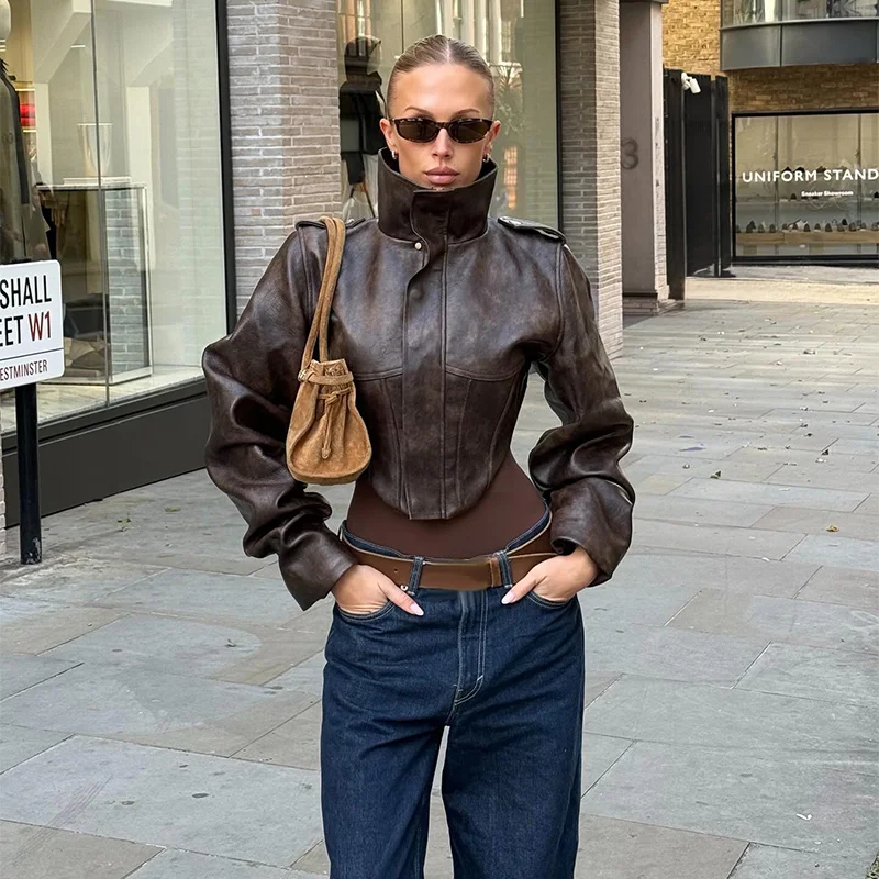 2026 Spring Women's Cropped PU Leather Jacket Stand Collar Long Sleeve Zipper Jackets Fashion Lady Retro Moto Biker Coat Outwear