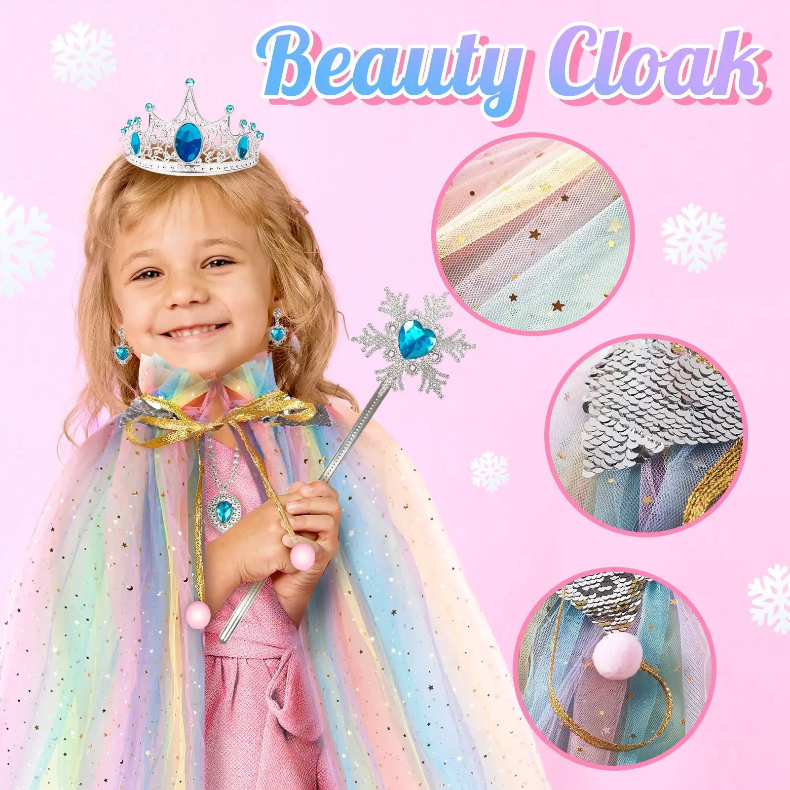 7pcs Princess Dress Up Toy Set for Little Girls Toddlers with Cape,Crown,Wand,Play Jewelry Birthday Gift Helloween Costume