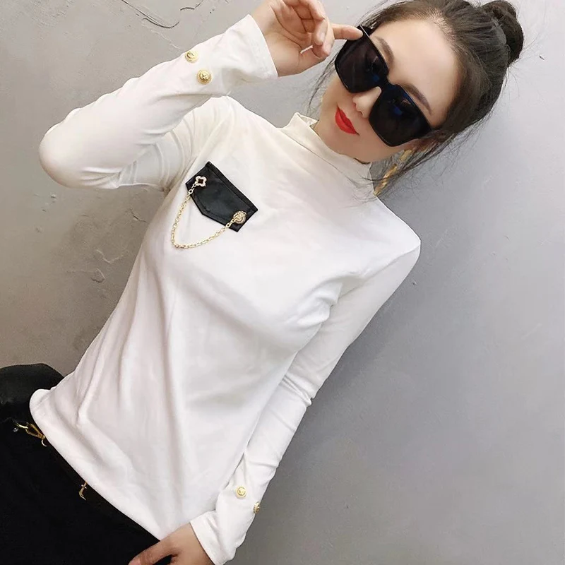 

fashion zipper chain t shirts women PU leather patchwork tops women black top designer tshirts