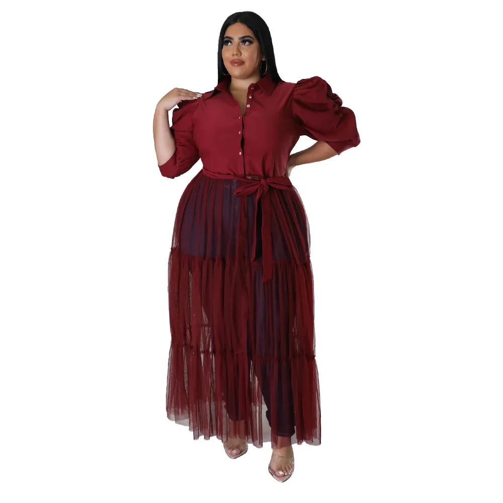 Plus Size Women Blouse Dress Puff Sleeve Mesh Party Dress Female Luxury 5xl Cloth Dinner Evening Robe 2023 Spring Designer Skirt