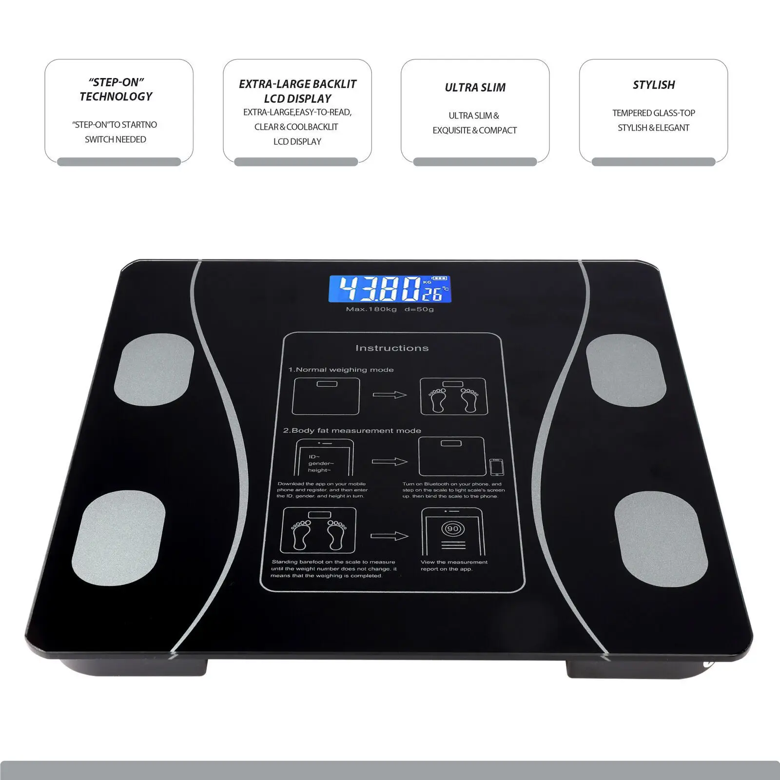 Weight Scale Bluetooth Smart Scales Digital Body Fat Scales with iOS &  Android APP and Body Composition Analysis, Step-on Technology, Tempered  Glass & LCD Display