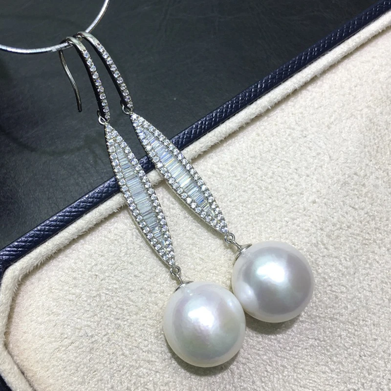 

925 Sterling Silver Long Earrings Huge 13-14mm White Near Perfect Round South Sea Real Big Genuine Pearls Free Shipping