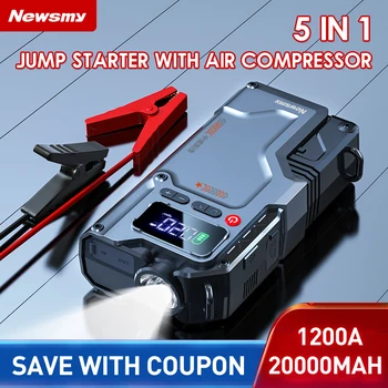 Newsmy 자동차 점프 스타터, 공기 압축기 포함, 20000mAh 휴대용 부스터 충전기, 1200A 강력한 자동차 배터리 시동 장치, 5 in 1