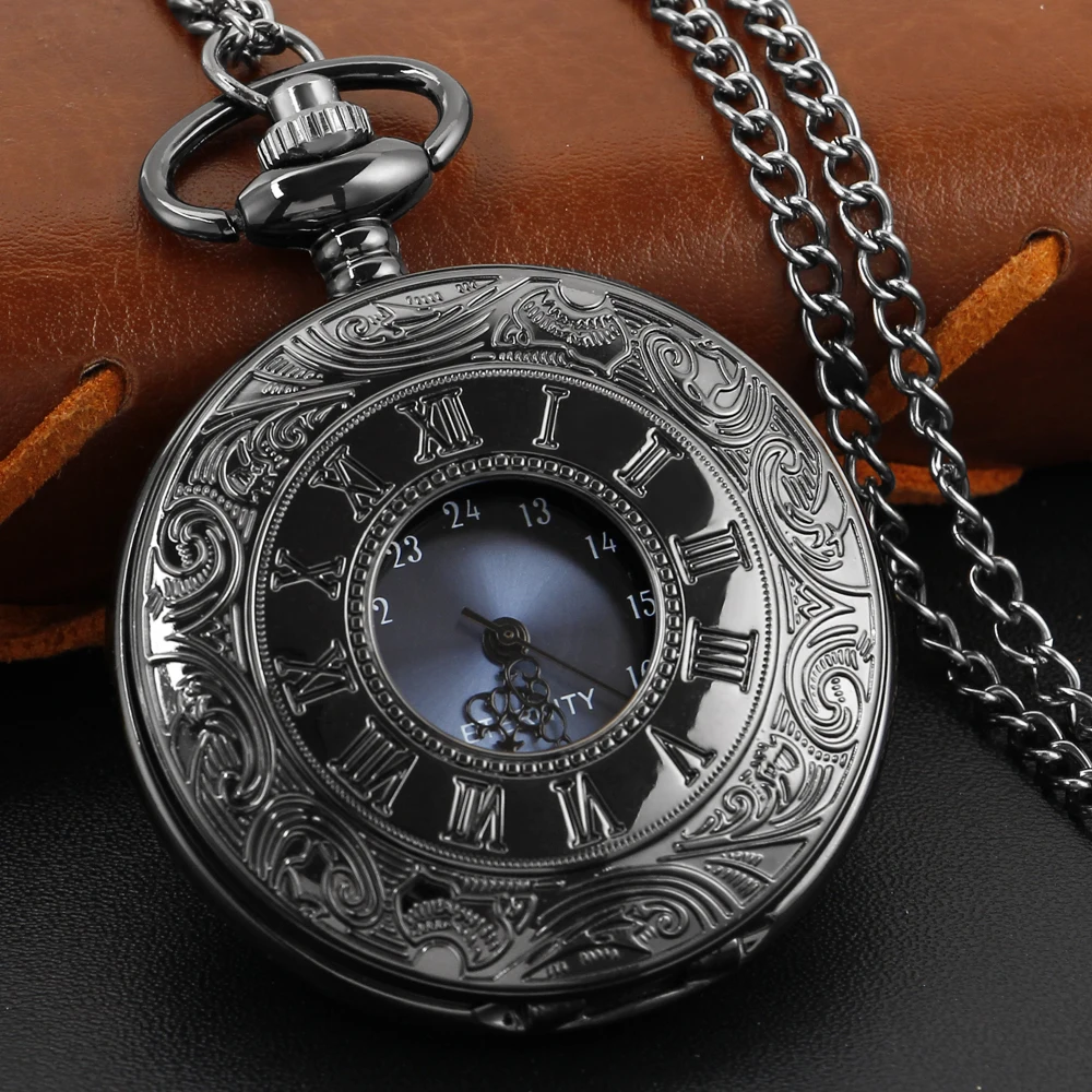 

New Black Roman Display Exquisite Dial Quartz Pocket Watch Vintage Gentleman Necklace Pendant Fashion Accessories Clock
