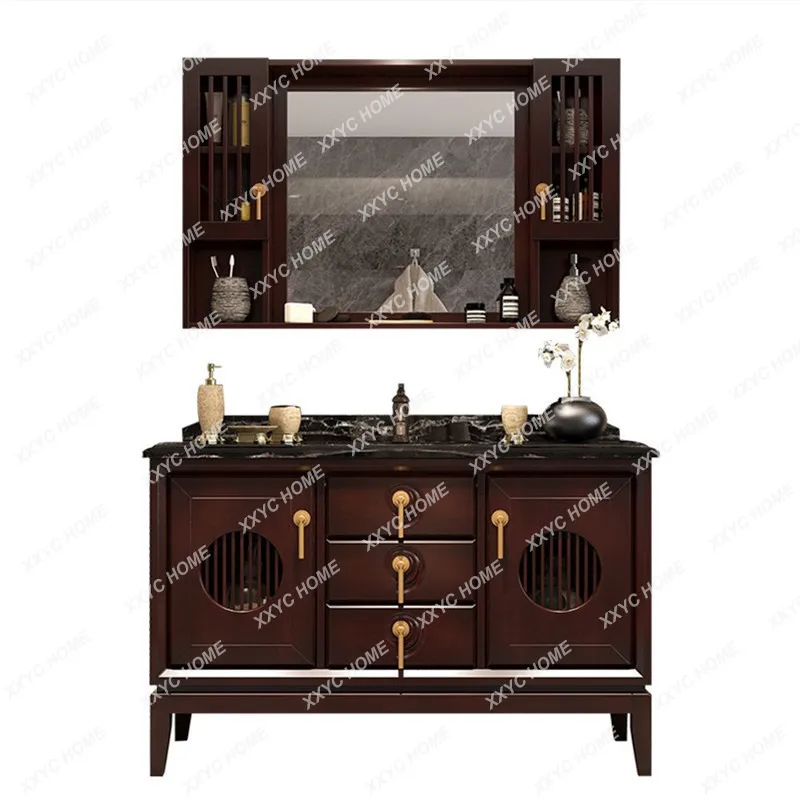 

Bathroom New Chinese Style Solid Wood Bathroom Cabinet Combination Floor Wash Wash Basin Mirror Cabinet Bathroom