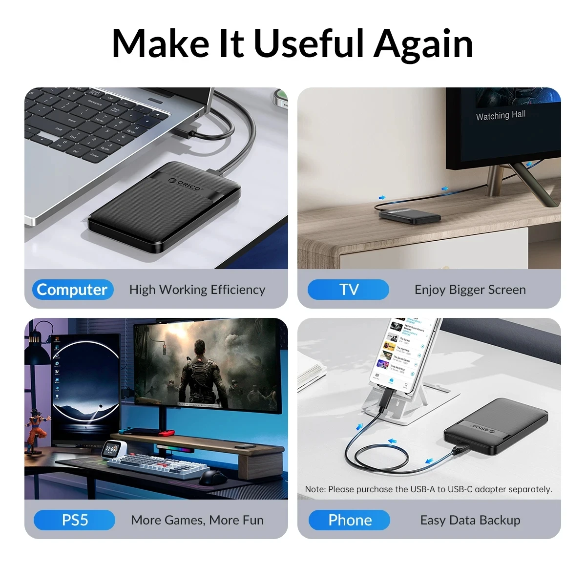 ORICO 2.5인치 HDD 케이스 SATA to USB3.0/Type-C SSD HDD 인클로저 5/6Gbps 최대 USB-C 외부 SATA HDD 인클로저 PC 컴퓨터용
