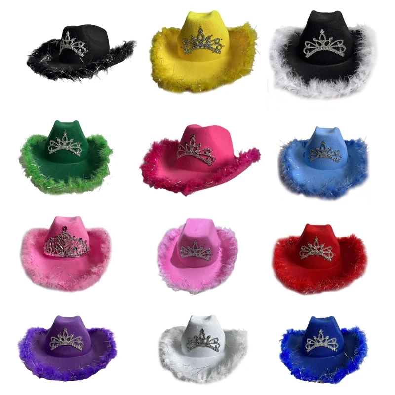 

Wedding Party Cowboy Hat Adult Woman LED Feather Tinsel Brim Hat Fedoras Felt Cowboy Hat with Rhinestones Decor