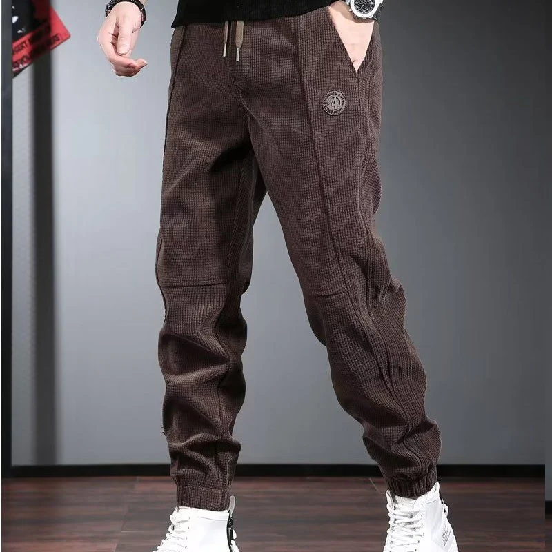 spring autumn new Solid color fashion Elastic waist sweatpants man High street Casual lacing Pockets corduroy All-match trousers