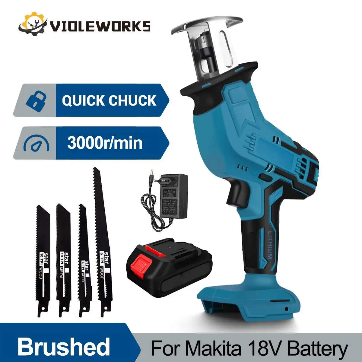 

3000rpm Cordless Reciprocating Saw with 4 Blades for Makita 18V Battery Woodworking Tool High Speed Wood Metal PVC Cuting Saw