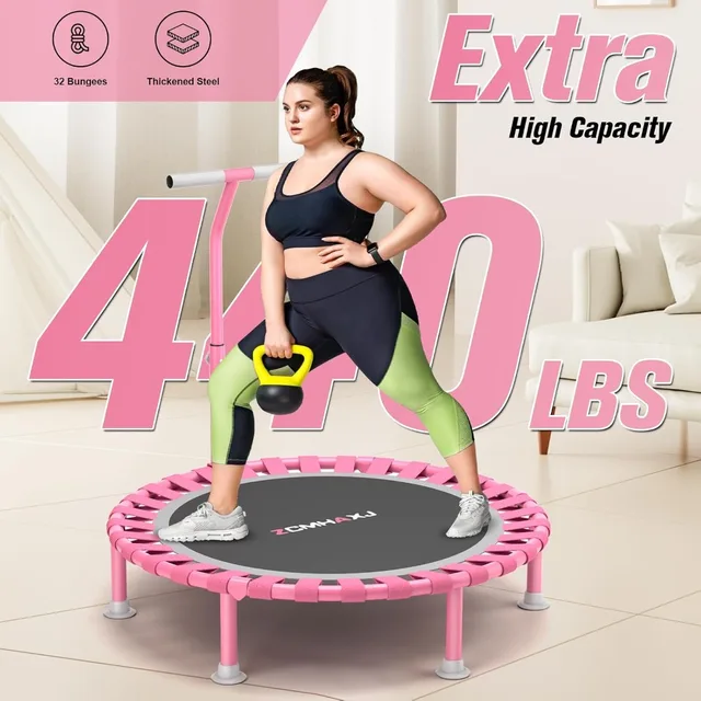Foldable Mini Trampoline, 40" Rebounder for Adults & Kids, 450lbs Capacity with Adjustable T-Bar, Indoor Fitness Equipment